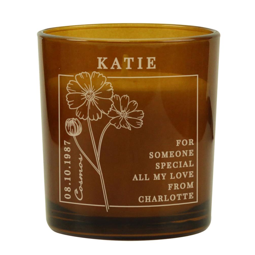 Personalised October Cosmos Birth Flower Amber Glass Jar Candle £8.99